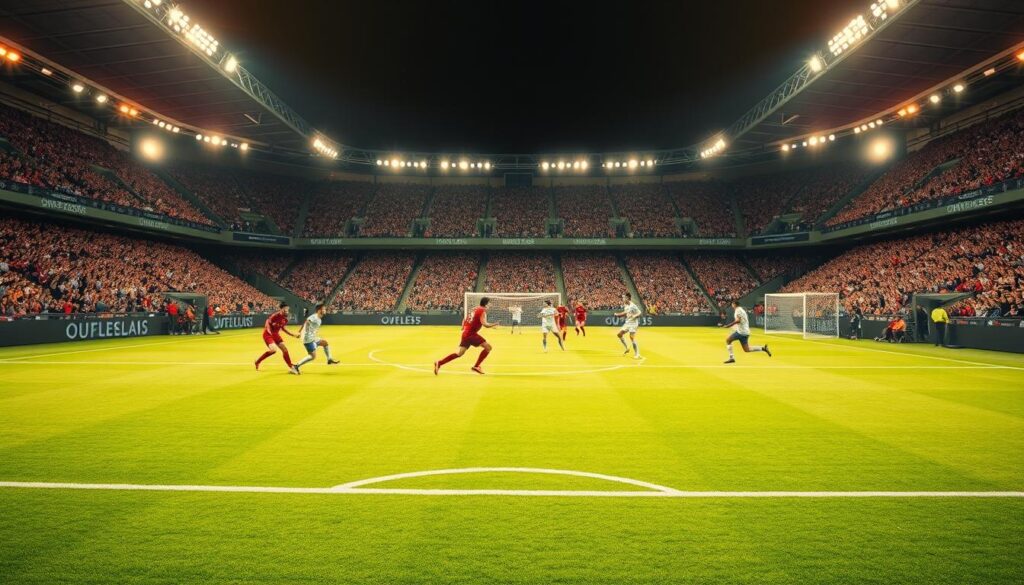 A brightly lit stadium with a lush green pitch in the foreground. In the middle ground, players in their team uniforms are engaged in an intense soccer match, their movements captured in dynamic poses. The background showcases a sea of cheering fans in the stadium's stands, their energy and enthusiasm palpable. The scene is bathed in warm, golden lighting, creating a sense of excitement and anticipation. The overall composition conveys the thrill and drama of a high-stakes soccer league match, ready to be featured in the "Hasil Pertandingan dan Klasemen Terkini" section of the article.