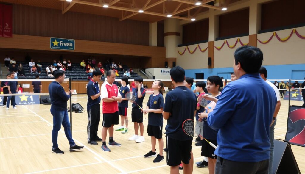 A bustling indoor badminton court, meticulously prepared for a prestigious junior tournament. In the foreground, coaches and organizers huddle, discussing final preparations - adjusting nets, inspecting equipment, and ensuring the court is primed for competition. The middle ground features young athletes, rackets in hand, warming up with focused determination, their eyes alight with anticipation. The background depicts spectator seating, adorned with colorful banners and streamers, hinting at the energy and excitement to come. Soft, even lighting illuminates the scene, capturing the sense of professionalism and attention to detail that defines this well-organized event.