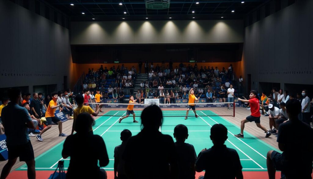 A bustling junior badminton tournament, showcasing young athletes in dynamic action. A well-lit indoor court with a sleek, modern design, capturing the energy and intensity of the competition. Players in vibrant sportswear executing powerful smashes, graceful serves, and agile footwork, their faces etched with determined expressions. The court is surrounded by spectators, their silhouettes creating a sense of anticipation and excitement. Overhead, the venue's lighting casts a warm glow, illuminating the scene and adding depth and drama. The overall atmosphere conveys the thrill and camaraderie of a premier junior badminton event.