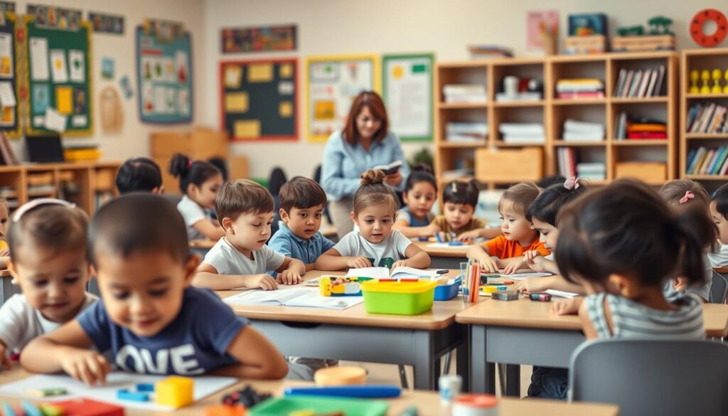 A classroom setting with young children engaged in various educational activities. In the foreground, a group of diverse students sitting at desks, their faces filled with curiosity and concentration as they work on hands-on projects or interact with educational materials. In the middle ground, a teacher guiding and facilitating the learning process, using visual aids and interactive methods to engage the children. The background features colorful wall displays, educational posters, and a well-stocked bookshelf, creating a stimulating and nurturing environment. The lighting is soft and warm, creating a sense of comfort and discovery. The overall scene conveys the importance of early childhood education and the dedicated efforts of educators to support the holistic development of young learners.