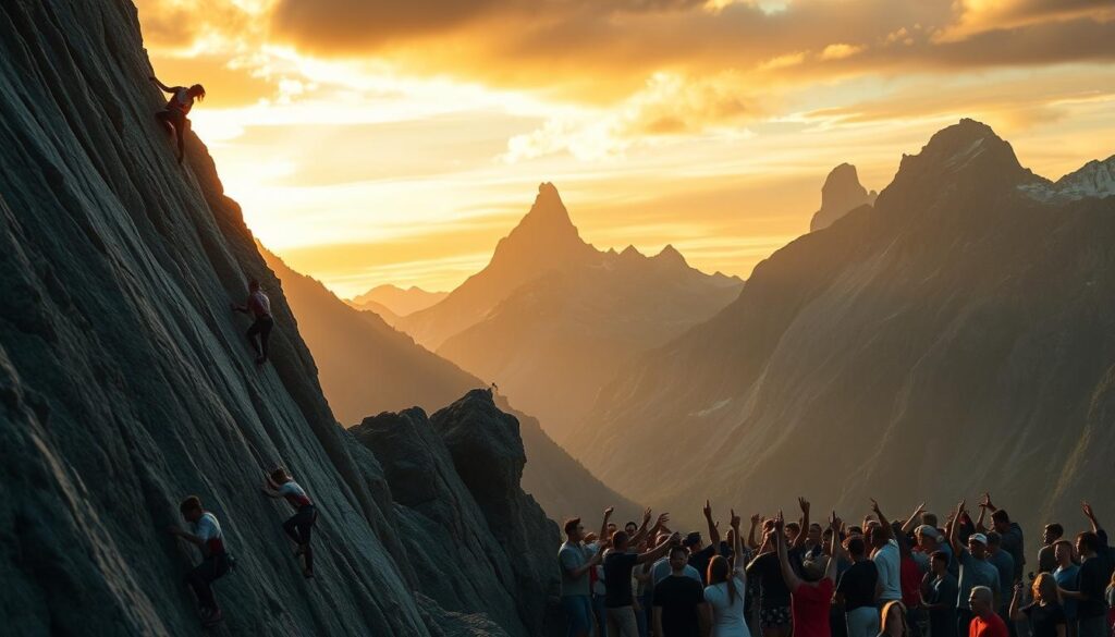 A dramatic rock climbing competition in a stunning natural setting. In the foreground, athletes scale sheer cliff faces, their concentrated expressions and powerful movements captured in dynamic poses. The middle ground reveals spectators cheering and celebrating, the intense atmosphere palpable. In the background, majestic mountains rise, their jagged peaks silhouetted against a dramatic sky lit by warm, golden light, creating a sense of grandeur and achievement. The scene conveys the triumph, skill, and exhilaration of the world-class climbing competition.
