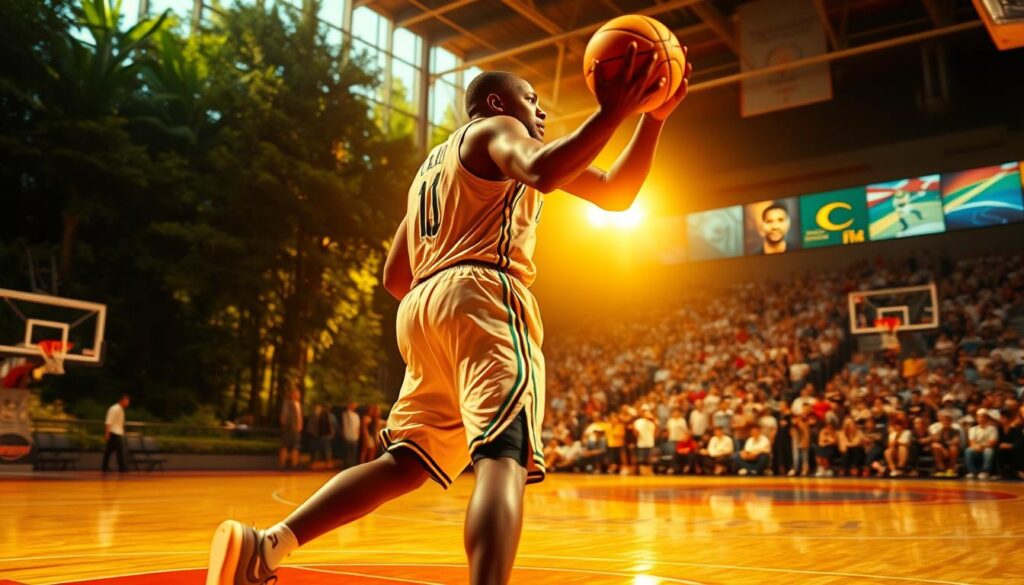 A dynamic basketball court, bathed in warm, golden light. In the foreground, a larger-than-life figure stands tall, his expression one of determination and focus. This is Chris Paul, a basketball legend, mid-motion, his arms extended, the ball seemingly frozen in time as he executes a signature move. The court is surrounded by a lush, verdant backdrop, with the faint outlines of a cheering crowd in the distance, captured in a blur of energy and excitement. The overall scene conveys a sense of triumph, hard-earned success, and the culmination of a remarkable career, capturing the essence of "Pencapaian dan Jejak Karier Gemilang Chris Paul".