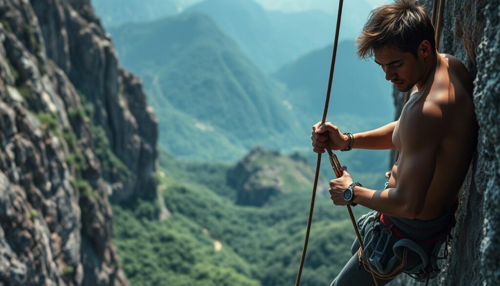A dynamic rock climber scaling a rugged cliff face, their focus and determination palpable in the taut muscles and intense expression. The midground is filled with a tangle of ropes, carabiners, and other technical gear, signifying the disciplined precision required in this demanding sport. In the background, a breathtaking landscape of jagged peaks and lush foliage, hinting at the adventurous spirit at the heart of competitive rock climbing. Dramatic shadows and highlights accentuate the athletic prowess on display, while a sense of danger and challenge permeates the scene, capturing the essence of the "Disiplin Panjat Tebing" discipline.