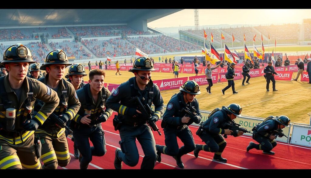 A dynamic scene of the World Police and Fire Games, showcasing various competitive events. In the foreground, a group of firefighters engaged in a relay race, their uniforms and gear meticulously detailed. The middle ground features police officers in tactical gear, participating in a timed obstacle course, leaping over hurdles and crawling under barriers. In the background, a panoramic view of a bustling sports complex, with spectators cheering and waving flags. Vibrant colors, dynamic lighting, and a sense of energy and camaraderie permeate the scene, capturing the essence of this international competition for public safety professionals.