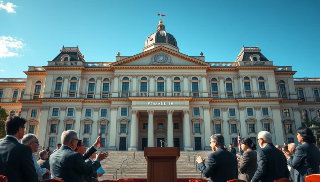 A grand, stately building against a backdrop of a clear blue sky, its architecture a blend of classical and modern elements. In the foreground, a group of delegates in formal attire engaged in animated discussion, gesturing towards a central podium. The scene exudes an air of international diplomacy and cooperation, conveying the sense of Pasal 18 as a cornerstone of global legal frameworks. Soft, directional lighting illuminates the scene, casting subtle shadows and highlights that add depth and dimension. The overall impression is one of authority, collaboration, and the weight of international regulations.