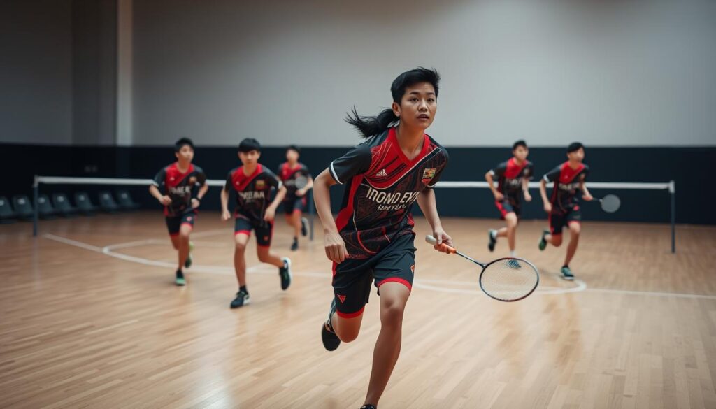 A group of Indonesian badminton players competing on a well-lit indoor court, captured with a high-quality DSLR camera. The athletes are dressed in their national team uniforms, their faces focused with determination as they move swiftly across the polished wooden floor. The background is blurred, emphasizing the players' dynamic movements and the intensity of the match. Soft, even lighting illuminates the scene, creating a sense of balance and professionalism. The overall atmosphere conveys the pride and skill of Indonesia's top badminton representatives on the international stage.