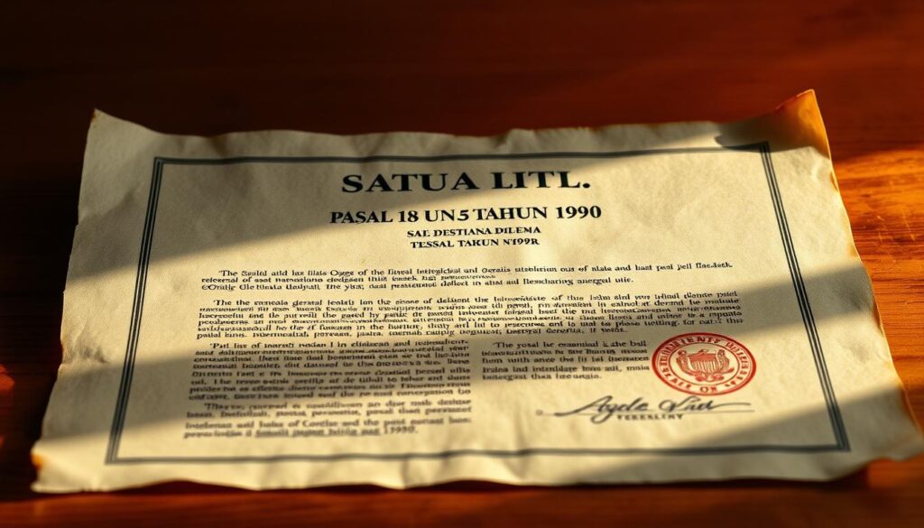 A high-resolution, hyper-detailed photograph of the official legal document "Pasal 18 UU No. 5 Tahun 1990", set against a warm, subdued background. The document should be displayed on a wooden surface, with natural lighting casting soft shadows across the aged parchment. The focus should be crisp, highlighting the intricate text and official seals, conveying a sense of authority and historical significance. The overall tone should be one of reverence and importance, reflecting the gravity of the subject matter.