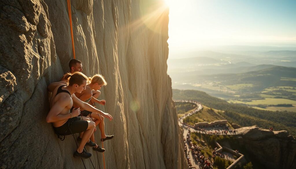 A high-stakes international climbing competition, set against the backdrop of a towering, sun-dappled rockface. In the foreground, a group of elite athletes cling to the craggy surface, muscles straining as they navigate the challenging route. Their intense expressions reflect the pressure and determination of the moment. In the middle ground, spectators line the cliffside, cheering on their national champions. The scene is bathed in warm, golden light, creating a sense of drama and excitement. The background reveals a panoramic vista of lush, rolling hills and a distant horizon, emphasizing the global scale of this prestigious event. Subtle lens flare and depth-of-field blur add a cinematic quality, heightening the sense of an epic, high-stakes competition.