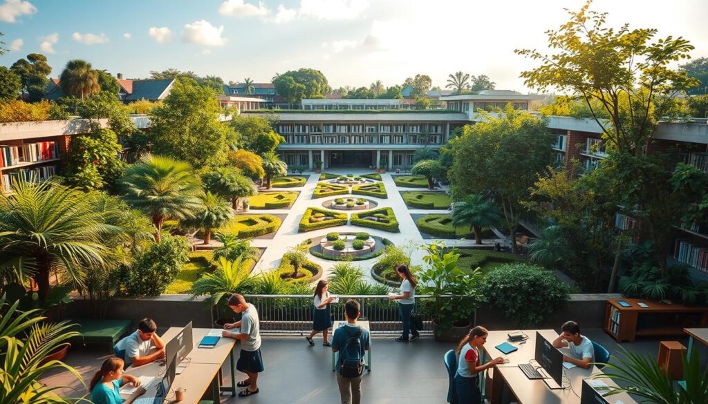 A lush and vibrant school ecosystem, bathed in warm afternoon light. In the foreground, students engage in active learning, collaborating at modern workstations. The middle ground showcases an expansive library, its shelves brimming with knowledge. In the background, verdant courtyards and gardens foster a sense of serenity, complemented by the architectural elegance of the school buildings. The scene exudes a harmonious balance between academic rigor and environmental sustainability, capturing the essence of an "ekosistem sekolah unggul" - a premier educational environment nurturing the growth and development of young minds.