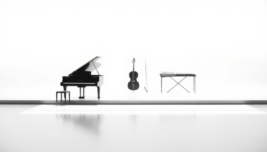 A minimalist musical arrangement showcased in a serene, monochromatic setting. In the foreground, a lone grand piano stands elegantly, its keys illuminated by soft, diffused lighting, casting subtle shadows across the polished surface. The middle ground features a sparse, geometric arrangement of musical instruments, including a cello, a xylophone, and a lone drumstick, arranged in a minimalist, asymmetrical layout. The background is a hazy, out-of-focus expanse, evoking a sense of tranquility and contemplation. The overall atmosphere is one of understated sophistication, inviting the viewer to pause and appreciate the simplicity and emotional resonance of the minimalist musical composition.