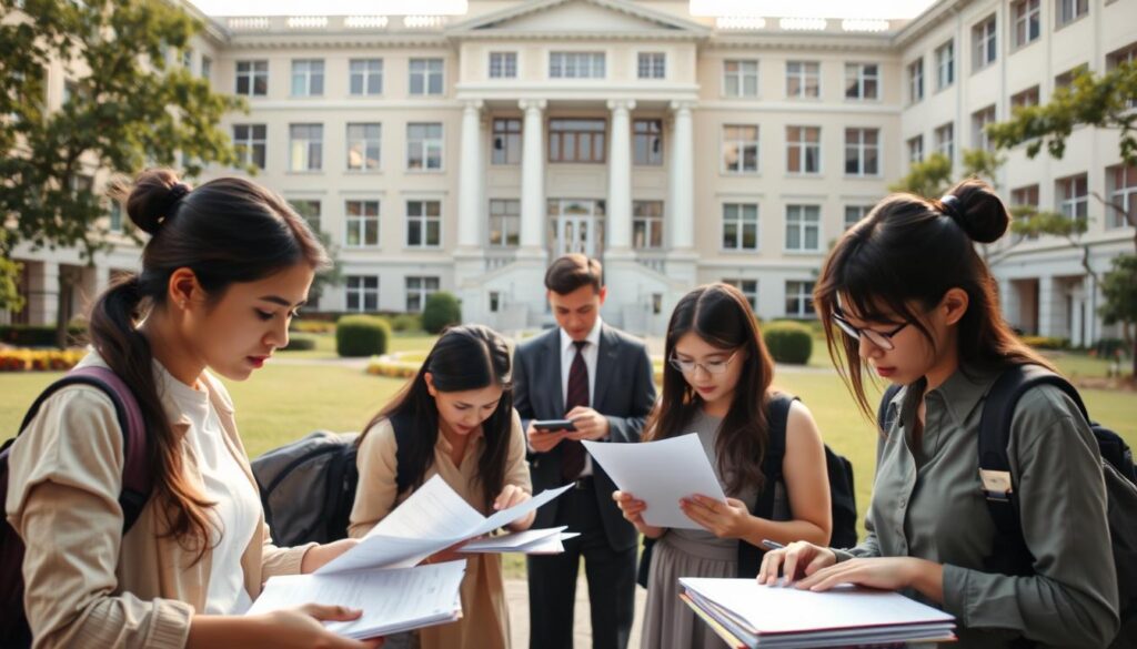 A neatly organized university campus, with a grand administrative building in the background. In the foreground, a group of students intently studying application forms and documents. Soft natural lighting filters through the windows, casting a warm, focused atmosphere. In the middle ground, staff members diligently assist the students, guiding them through the registration process step-by-step. The scene conveys a sense of academic rigor, professionalism, and the dedicated support available to scholarship applicants. The overall impression is one of a well-structured, supportive, and enriching educational environment.