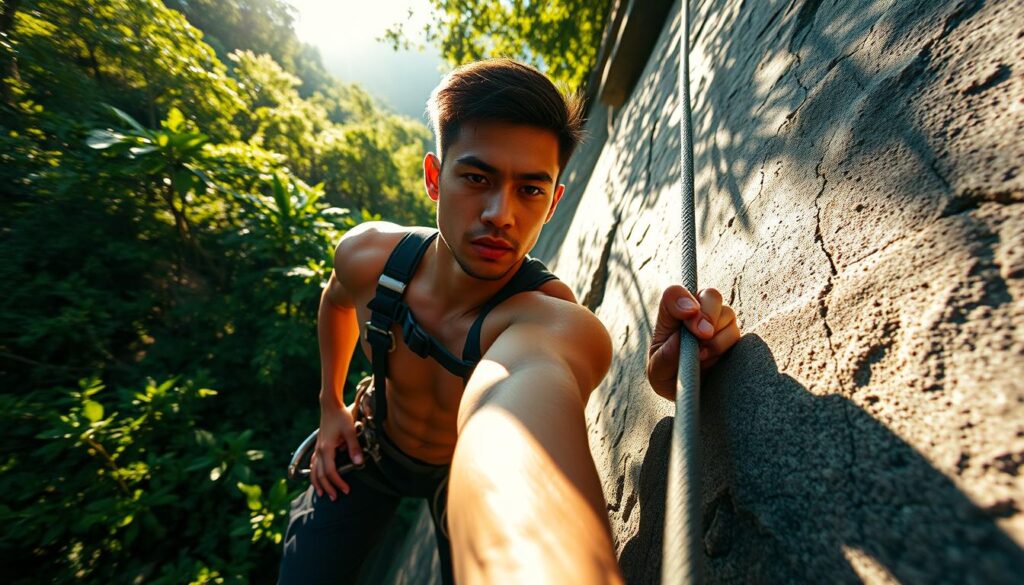 A professional rock climber in Indonesia, wearing a sleek climbing harness and gripping the cliff face with precise, athletic movements. The climber's physique is toned and powerful, their expression one of intense focus as they navigate the challenging terrain. Sunlight filters through the lush, verdant foliage surrounding the cliff, casting dramatic shadows and highlights across the scene. The camera angle captures the climber from a low perspective, emphasizing their impressive physical prowess and the dramatic height of the climb. An atmosphere of determination and skill permeates the image, reflecting the skill and dedication of Indonesia's top rock climbing athletes.