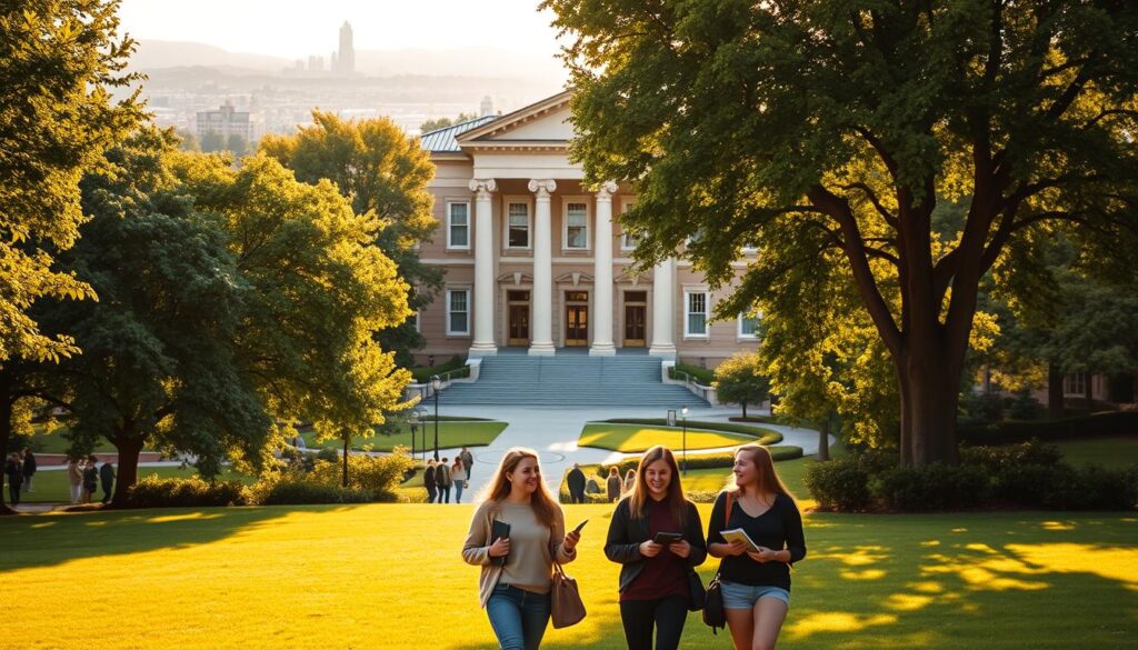 A serene campus landscape, bathed in warm afternoon light. In the foreground, a group of students strolling through lush greenery, carrying books and chatting animatedly. In the middle ground, a stately university building stands tall, its neo-classical architecture reflecting the institution's prestige. The background reveals a panoramic view of the city skyline, hinting at the opportunities and connections that await UI GREAT Scholarship recipients. The scene conveys a sense of intellectual vibrancy, personal growth, and the transformative power of higher education.