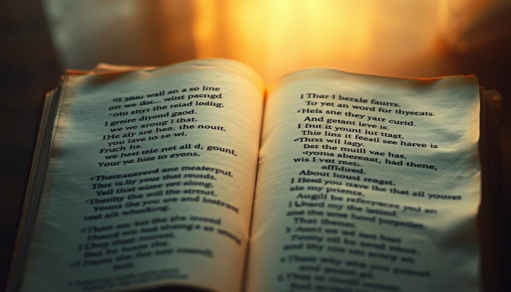 A serene, contemplative scene of handwritten lyrics against a softly blurred background. The pages are worn, with creased edges and faded ink, conveying a sense of nostalgia and emotional resonance. Warm, diffused lighting illuminates the text, casting gentle shadows and highlights that draw the viewer's eye to the meaningful words. The composition is balanced, with the lyrics occupying the central focus, surrounded by a hazy, dreamlike atmosphere that evokes a profound and introspective mood. Subtle textures, such as the paper's grain and the slightly uneven brushstrokes, add depth and authenticity to the image.