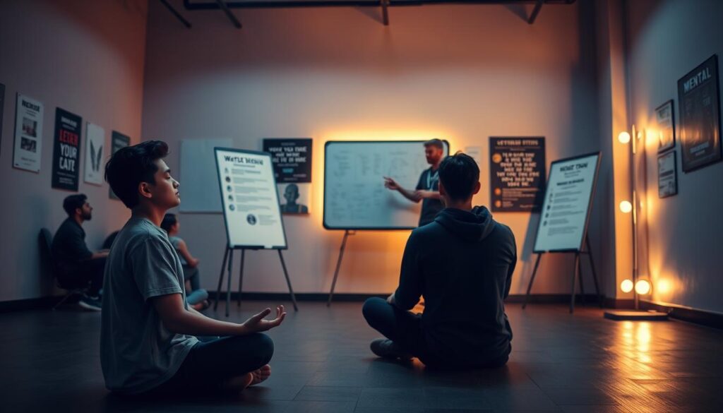 A serene, dimly lit training studio where a group of esports athletes engage in mental exercises. In the foreground, a young athlete sits cross-legged, eyes closed, practicing deep breathing and meditation. In the middle ground, a coach leads a group discussion, gesturing towards a whiteboard displaying mental strategies and techniques. The background features a wall of motivational posters and inspirational quotes, casting a warm, amber glow across the scene. Soft, muted lighting creates an atmosphere of focus and introspection, as the athletes train their minds to become resilient and adaptable for the demands of competitive gaming.