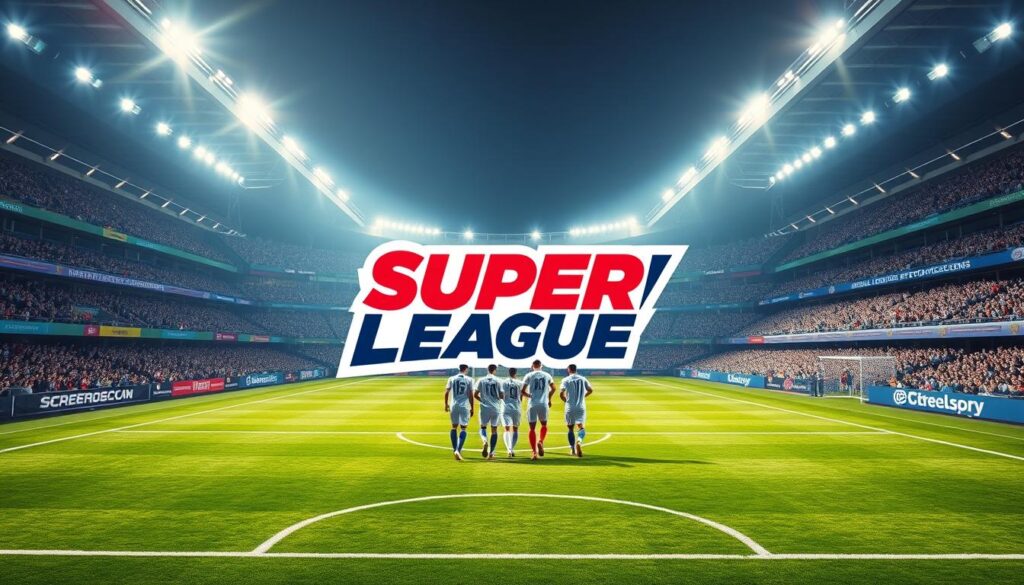A sleek, modern soccer stadium with a freshly painted pitch glowing under vibrant floodlights. The field is surrounded by a dynamic, angular graphical overlay featuring the new "Super League" logo, its bold typography and dynamic color scheme commanding attention. In the middle ground, a group of professional soccer players in crisp new uniforms stride confidently onto the field, ready to showcase their skills under the rebranded league. In the background, an enthusiastic crowd fills the stadium seats, their energy and anticipation palpable. The overall scene conveys a sense of transformation, progress, and the high-octane excitement of a newly reimagined top-tier soccer league.