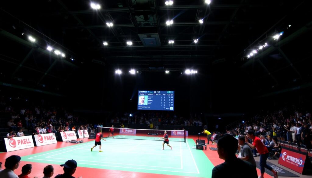 A sports arena with spotlights illuminating a badminton court, players in colorful uniforms engaged in a high-intensity match. In the background, a large scoreboard displays the current match details and standings. The atmosphere is electric, with the audience cheering and the court surrounded by sleek, modern architecture. The lighting is dramatic, casting long shadows and creating a sense of depth and dynamism. The image conveys the excitement and energy of a professional badminton tournament, perfectly capturing the "Jadwal Pertandingan dan Hasil Terkini" section of the article.