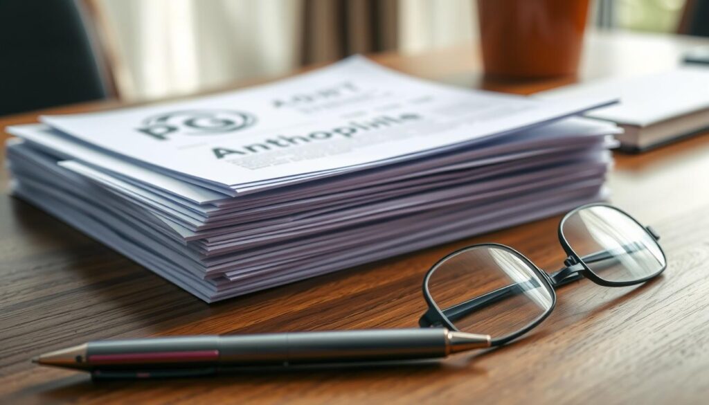 A stack of official-looking documents, their edges crisp and their colors muted, sits upon a wooden desk. The lighting is soft and diffused, casting gentle shadows that add depth and dimension to the scene. In the foreground, a pen and a pair of reading glasses rest beside the documents, hinting at the care and attention required for their completion. The background is slightly blurred, drawing the viewer's focus to the central subject - the essential paperwork needed for a formal application process. The overall mood is one of seriousness and professionalism, reflecting the importance of the task at hand.