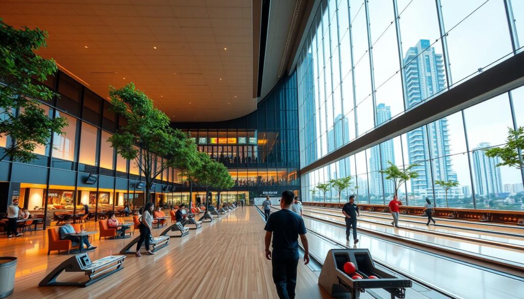 A stately, modern bowling center set against a lush urban landscape. The Jaya Ancol Bowling Center stands tall, its sleek, glass facade reflecting the vibrant city skyline. Stepping inside, the cavernous space is bathed in warm, diffused lighting, creating a welcoming, social atmosphere. Gleaming hardwood lanes stretch out, flanked by cozy seating areas and a bustling snack bar. Bowlers of all ages stride confidently, the rhythmic thud of balls and the excited chatter creating an energetic, community-driven ambiance. Verdant trees and towering skyscrapers frame the panoramic windows, blending the indoor and outdoor spaces seamlessly. This dynamic, well-appointed bowling hub is the perfect setting for the Piala Gubernur Jakarta Bowling tournament.