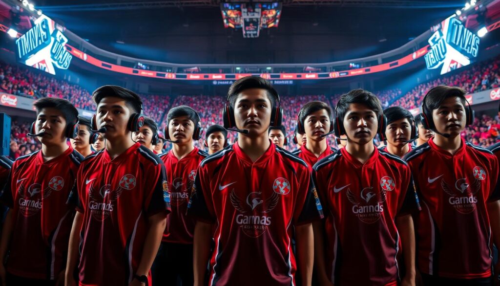 A team of esports athletes in Indonesia's national team, Timnas Esports, stands ready to compete. In the foreground, the players are focused and determined, their gaming rigs and headsets preparing them for intense digital battles. The middle ground showcases the team's coordinated uniforms, emblazoned with the national colors and the Garuda logo, symbolizing their pride and unity. In the background, a vibrant arena filled with cheering fans creates an electrifying atmosphere, capturing the energy and excitement of the esports scene in Indonesia. Dramatic lighting casts dynamic shadows, heightening the sense of anticipation and competition. This image represents the training and strategy behind Indonesia's esports team, ready to make their mark on the international stage.
