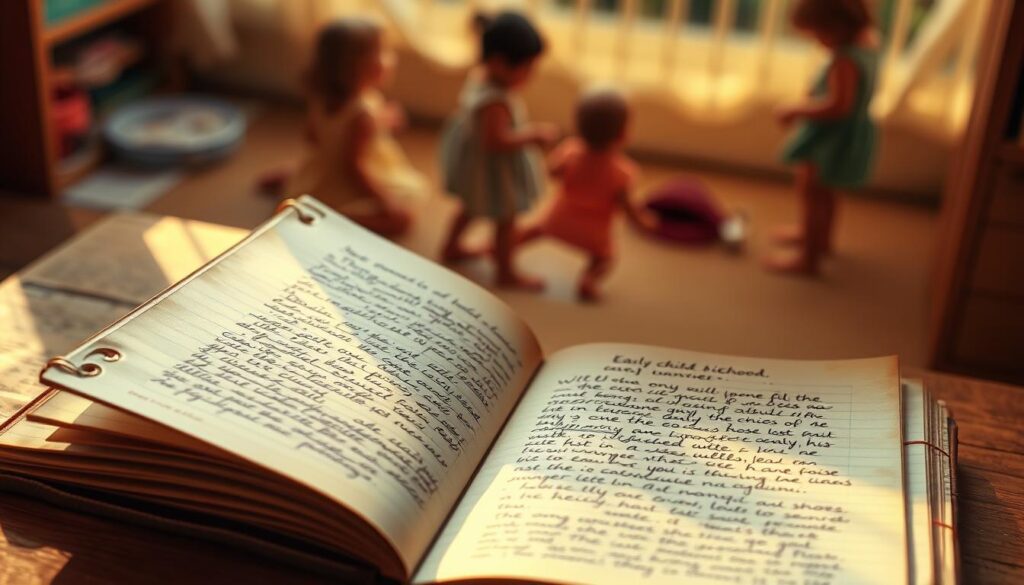A thoughtfully composed journal lies open, its pages revealing the carefully documented experiences and reflections on early childhood development. The journal's worn cover and weathered pages convey a sense of dedication and a commitment to continuous learning. The lighting is warm and inviting, casting a soft glow across the open pages, highlighting the handwritten notes and sketches. In the background, a serene scene of children at play creates a tranquil atmosphere, underscoring the importance of observing and understanding the nuances of early childhood. The overall composition suggests a deep, introspective exploration of the joys and challenges encountered in supporting the growth and well-being of young learners.