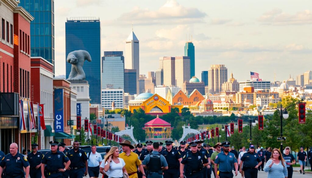 A vibrant cityscape of Birmingham, Alabama, the host city for the 2025 World Police and Fire Games. In the foreground, a bustling street scene with uniformed officers and firefighters mingling with local residents, their camaraderie and esprit de corps on full display. The middle ground features the city's iconic landmarks, such as the Red Mountain Park and the Vulcan statue, casting a proud silhouette against the sky. In the background, a panoramic view of the city's dynamic skyline, with modern high-rises and historic buildings coexisting in harmonious contrast, bathed in warm, golden-hour lighting. The overall atmosphere conveys a sense of civic pride, community, and the city's readiness to welcome the world's public safety heroes for this prestigious international competition.