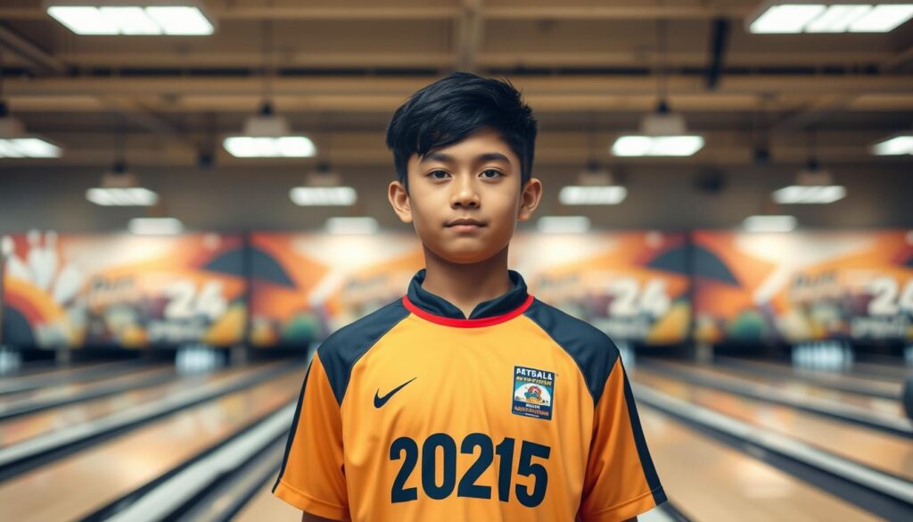 A young, athletic bowler in a junior league competition, standing confidently in a well-lit bowling alley. The bowler's uniform is crisp and vibrant, with the "2025" prominently displayed. The scene captures the energy and determination of the participant, with the bowling lane extending into the background, framed by modern, minimalist decor. Soft, even lighting illuminates the bowler's focused expression, creating a sense of professionalism and seriousness of purpose. The overall atmosphere conveys the excitement and anticipation of the upcoming Piala Gubernur Jakarta Bowling tournament, where this junior athlete will showcase their skills in the "Peserta dan Kategori Lomba" category.