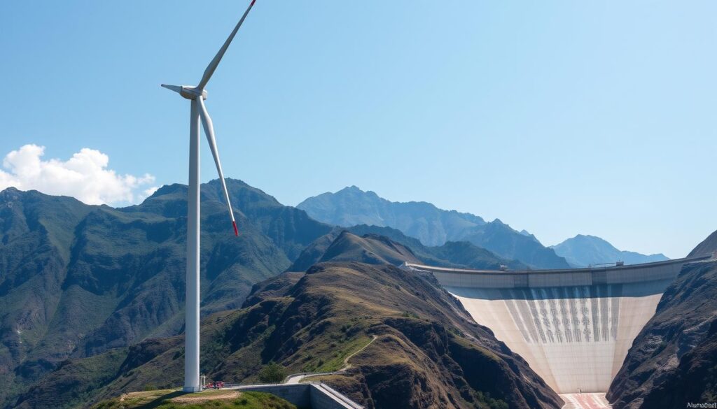 A detailed, large-scale comparison of a wind turbine (PLTB) and a hydroelectric dam (PLTA) set against a majestic mountainous landscape. The wind turbine stands tall and imposing, its blades rotating gracefully in the breeze, harnessing the power of the wind. In the distance, the hydroelectric dam sits nestled between rugged peaks, its massive concrete structure reflecting the sunlight. The scene conveys a sense of the scale and grandeur of these two contrasting renewable energy sources, inviting the viewer to consider their relative merits and the potential of each to contribute to Indonesia's energy future. The lighting is natural and dramatic, with shadows and highlights emphasizing the forms and textures of the scene. The camera angle is slightly elevated, providing a panoramic view that contextualizes the PLTB and PLTA within their natural environment.