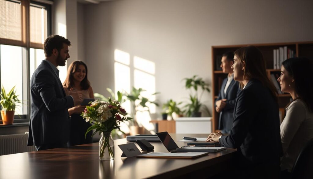 A dimly lit office scene, showcasing the nuances of workplace etiquette. In the foreground, a group of colleagues engaged in a thoughtful discussion, their body language and facial expressions conveying professionalism and respect. The middle ground features a neatly organized desk, with a name plate and a vase of fresh flowers, symbolizing the importance of personal presentation. In the background, a bookshelf and potted plants add a touch of warmth and tranquility, creating an atmosphere of productivity and collaboration. Soft, directional lighting from a nearby window casts a subtle glow, emphasizing the importance of attention to detail and a well-maintained work environment. The overall scene reflects the delicate balance of interpersonal dynamics and individual responsibility that embody workplace ethics.