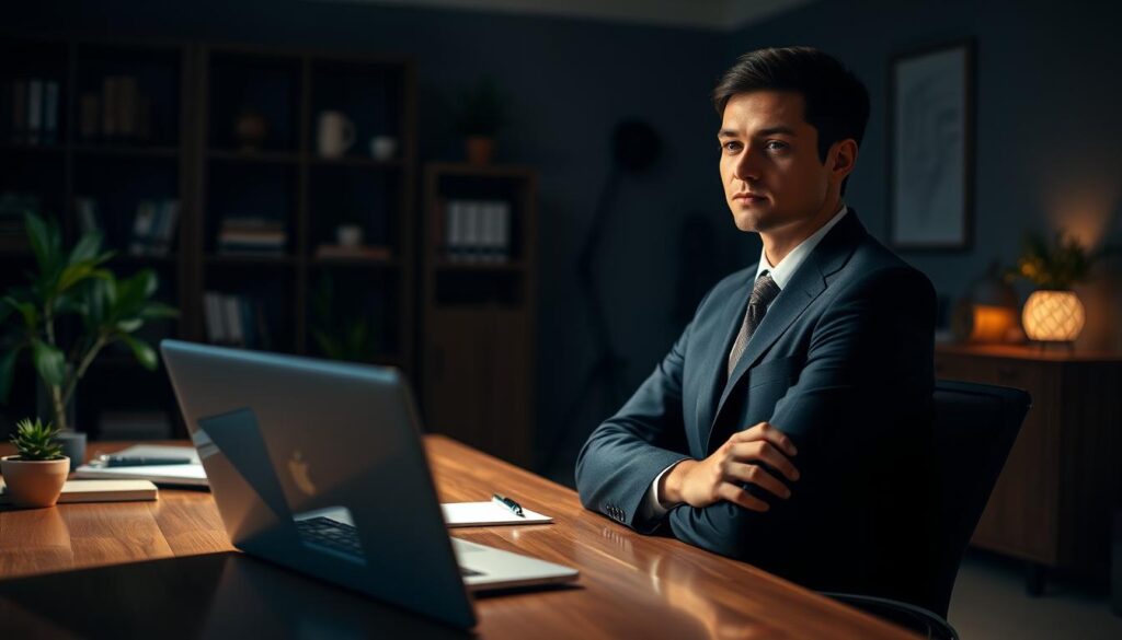 A dimly lit office setting, a wooden desk with a laptop, pen, and notepad. In the foreground, a person in professional attire sits upright, hands folded, exuding confidence and poise. Soft, directional lighting illuminates their face, creating a contemplative, focused expression. The background features bookshelves, potted plants, and subtle office decor, conveying a sense of professionalism and preparation. The overall atmosphere is one of anticipation and readiness, as the individual prepares for a job interview.