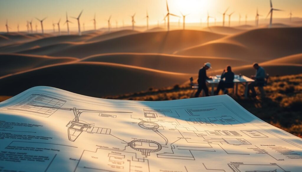 A serene landscape with rolling hills, dotted with wind turbines casting long shadows in the late afternoon sun. In the foreground, a detailed schematic of a wind turbine blueprint, its intricate engineering designs and technical specifications laid out in precise detail. In the middle ground, a team of engineers and technicians gathered around a large table, poring over documents and discussing plans for the wind farm's expansion. The background is hazy with a warm, golden glow, conveying a sense of progress and possibility. The scene is illuminated by soft, directional lighting, creating depth and highlighting the key elements. The overall atmosphere is one of thoughtful planning, innovation, and a collective commitment to harnessing the power of renewable energy.
