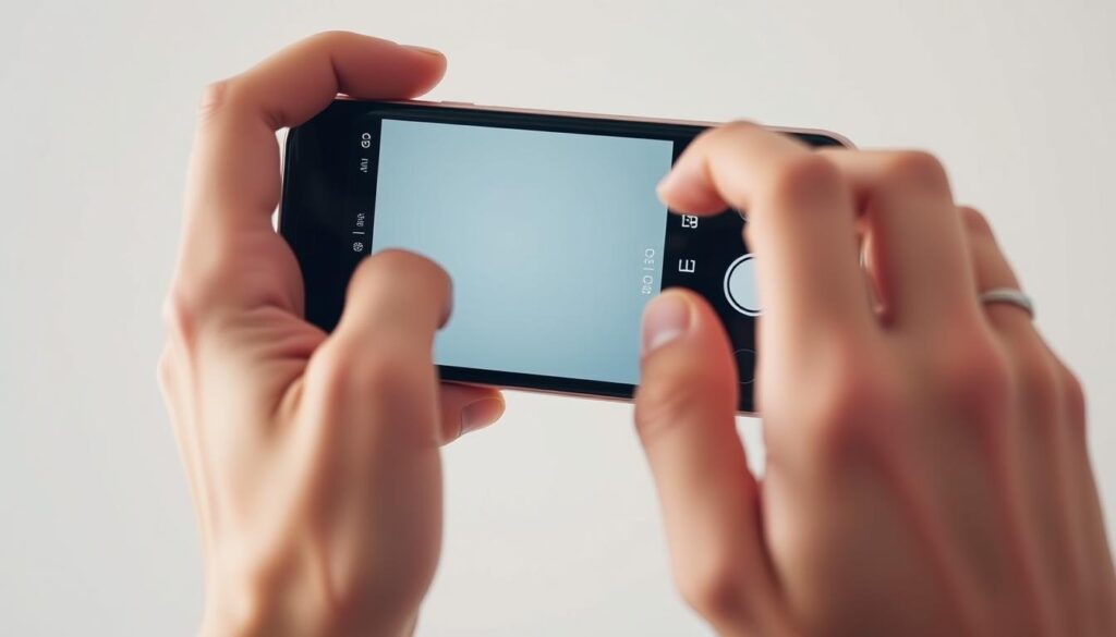 A close-up view of a person's hands adjusting the settings on a smartphone camera in manual mode. The phone is held in landscape orientation, with the camera lens filling the frame. The fingers are delicately manipulating the various controls - shutter speed, aperture, ISO, and white balance - displayed on the phone's touchscreen interface. The lighting is soft and even, creating a serene, contemplative atmosphere. The background is blurred, keeping the focus on the hands and the camera interface. The overall composition conveys the precision and intentionality of manual photography on a mobile device. A close-up view of a person's hands adjusting the settings on a smartphone camera in manual mode. The phone is held in landscape orientation, with the camera lens filling the frame. The fingers are delicately manipulating the various controls - shutter speed, aperture, ISO, and white balance - displayed on the phone's touchscreen interface. The lighting is soft and even, creating a serene, contemplative atmosphere. The background is blurred, keeping the focus on the hands and the camera interface. The overall composition conveys the precision and intentionality of manual photography on a mobile device.