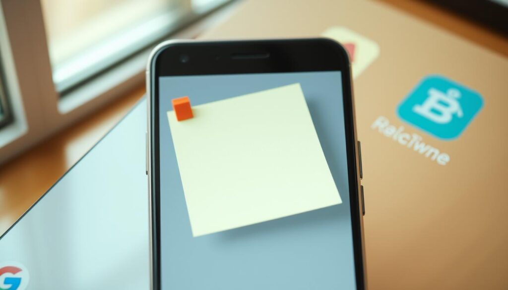 A minimalist and clean Android home screen, showcasing a sticky notes widget prominently displayed. The widget should have a simple, elegant design with a light-colored background, dark text, and a subtle grid pattern. The home screen should have a blurred, out-of-focus background, with just a hint of the app drawer or other elements visible. The lighting should be soft and natural, creating a warm and inviting atmosphere. The camera angle should be slightly elevated, giving a bird's-eye view of the home screen, emphasizing the sticky notes widget as the focal point. The overall composition should convey a sense of organization, productivity, and ease of use, reflecting the theme of the article. A minimalist and clean Android home screen, showcasing a sticky notes widget prominently displayed. The widget should have a simple, elegant design with a light-colored background, dark text, and a subtle grid pattern. The home screen should have a blurred, out-of-focus background, with just a hint of the app drawer or other elements visible. The lighting should be soft and natural, creating a warm and inviting atmosphere. The camera angle should be slightly elevated, giving a bird's-eye view of the home screen, emphasizing the sticky notes widget as the focal point. The overall composition should convey a sense of organization, productivity, and ease of use, reflecting the theme of the article.