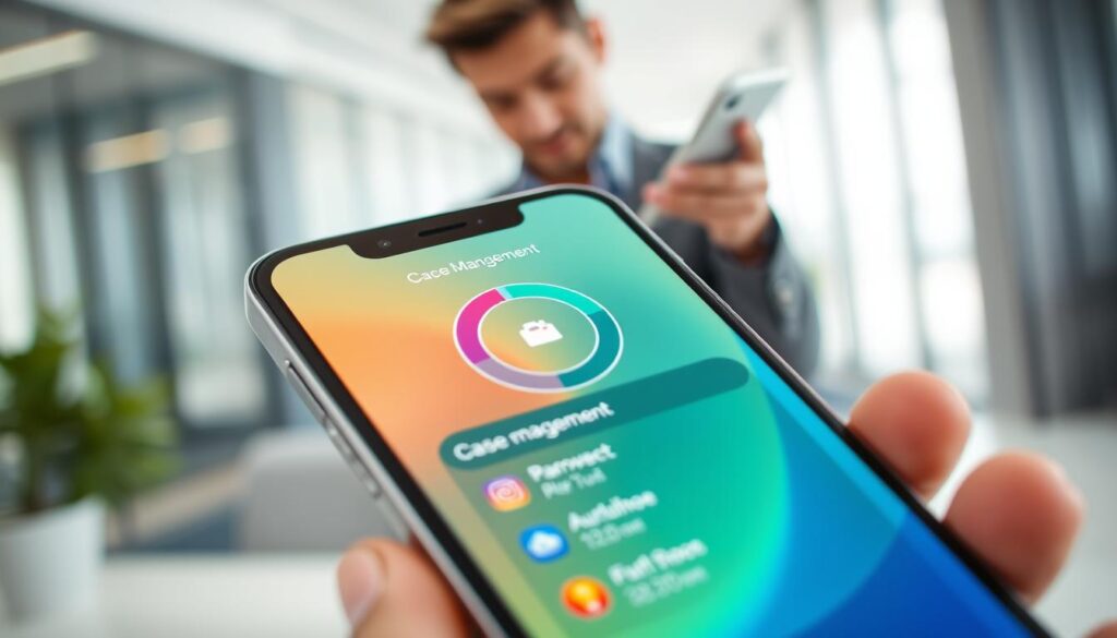 A sleek iOS interface showcasing cache management features. In the foreground, a close-up of an iPhone screen displaying a vibrant, well-organized cache management app interface, featuring a circular progress bar and colorful icons. The middle layer presents a hands-on interaction with the phone, featuring a professional individual in modest casual clothing, thoughtfully navigating the app. The background subtly includes a blurred modern office setting with soft lighting, emphasizing a productive atmosphere. The image should have a bright and focused ambiance, highlighting the efficiency and innovation of the new iOS feature. Use a shallow depth of field to create a sense of intimacy with the device while keeping the background softly out of focus. A sleek iOS interface showcasing cache management features. In the foreground, a close-up of an iPhone screen displaying a vibrant, well-organized cache management app interface, featuring a circular progress bar and colorful icons. The middle layer presents a hands-on interaction with the phone, featuring a professional individual in modest casual clothing, thoughtfully navigating the app. The background subtly includes a blurred modern office setting with soft lighting, emphasizing a productive atmosphere. The image should have a bright and focused ambiance, highlighting the efficiency and innovation of the new iOS feature. Use a shallow depth of field to create a sense of intimacy with the device while keeping the background softly out of focus.