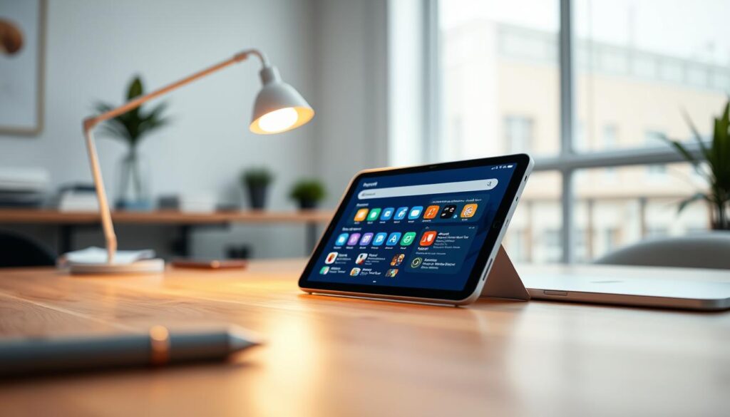 A sleek, modern iOS device displaying the new Spotlight search interface. In the foreground, the device is angled slightly to the right, showcasing a vivid, interactive screen with colorful icons and search results. The middle ground features a soft-focus, well-lit workspace with a wooden desk, a stylish minimalist lamp casting a warm glow, and a blurred background of a contemporary office setting. Soft, diffused lighting highlights the device, emphasizing its premium design and technology. The overall mood is professional and innovative, suggesting speed and efficiency. The lens perspective should imply depth and focus on the device, while ensuring the background remains subtly blurred to convey a high-tech environment without distractions. A sleek, modern iOS device displaying the new Spotlight search interface. In the foreground, the device is angled slightly to the right, showcasing a vivid, interactive screen with colorful icons and search results. The middle ground features a soft-focus, well-lit workspace with a wooden desk, a stylish minimalist lamp casting a warm glow, and a blurred background of a contemporary office setting. Soft, diffused lighting highlights the device, emphasizing its premium design and technology. The overall mood is professional and innovative, suggesting speed and efficiency. The lens perspective should imply depth and focus on the device, while ensuring the background remains subtly blurred to convey a high-tech environment without distractions.