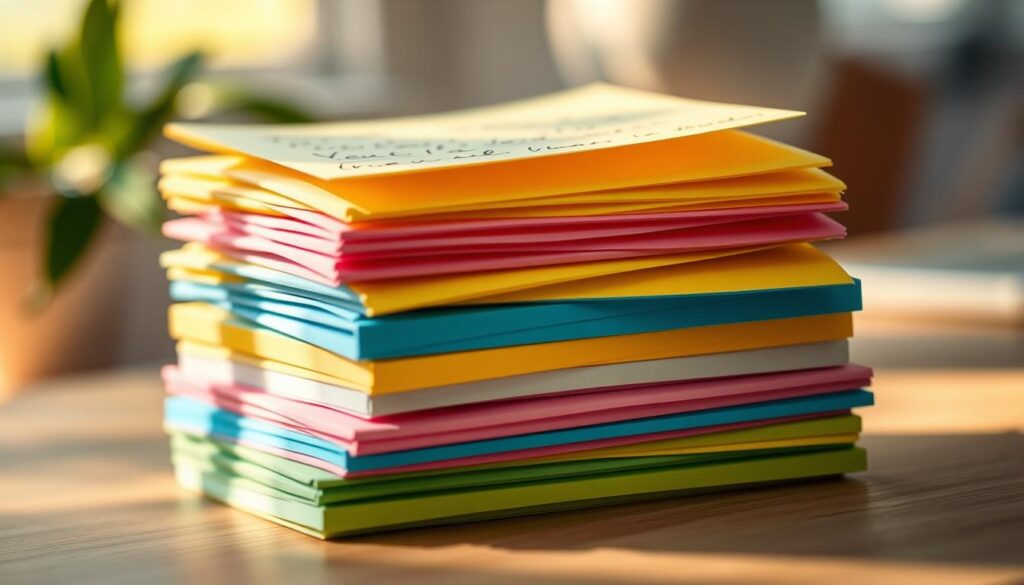 A stack of sticky notes in a natural, well-lit environment. The notes are in various pastel colors - yellow, pink, blue, and green - with hand-written text visible on the top notes. The notes are arranged in a slightly haphazard manner, as if recently used, creating a sense of an organized yet casual workspace. The lighting is soft and diffused, creating warm shadows and highlights that accentuate the textures of the paper. The background is blurred, placing the focus on the sticky notes in the foreground. The overall composition conveys a sense of productivity, organization, and a touch of personalization in a professional setting. A stack of sticky notes in a natural, well-lit environment. The notes are in various pastel colors - yellow, pink, blue, and green - with hand-written text visible on the top notes. The notes are arranged in a slightly haphazard manner, as if recently used, creating a sense of an organized yet casual workspace. The lighting is soft and diffused, creating warm shadows and highlights that accentuate the textures of the paper. The background is blurred, placing the focus on the sticky notes in the foreground. The overall composition conveys a sense of productivity, organization, and a touch of personalization in a professional setting.