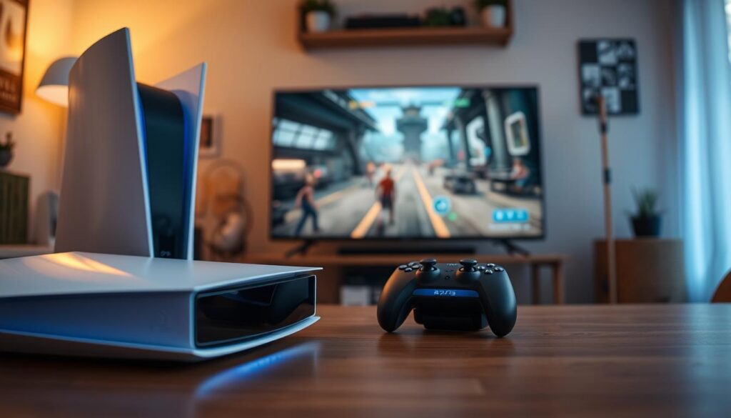 A close-up of a modern gaming setup featuring a PlayStation 5 console and a Steam Deck in the foreground. The PS5 is sleek and futuristic with its characteristic curves, glowing white light, while the Steam Deck is visibly displaying a game interface. In the middle ground, a high-resolution TV screen showcases a vivid gaming scene, with characters engaged in action. The background is a cozy home office, softly lit with warm ambient light, giving a sense of comfort and focus. The angle is slightly above eye level, emphasizing both devices and their connection through remote play. The mood is exciting yet relaxed, capturing the essence of gaming technology merging seamlessly in a home environment. A close-up of a modern gaming setup featuring a PlayStation 5 console and a Steam Deck in the foreground. The PS5 is sleek and futuristic with its characteristic curves, glowing white light, while the Steam Deck is visibly displaying a game interface. In the middle ground, a high-resolution TV screen showcases a vivid gaming scene, with characters engaged in action. The background is a cozy home office, softly lit with warm ambient light, giving a sense of comfort and focus. The angle is slightly above eye level, emphasizing both devices and their connection through remote play. The mood is exciting yet relaxed, capturing the essence of gaming technology merging seamlessly in a home environment.