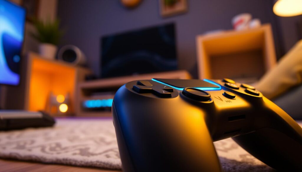 A close-up view of a PlayStation DualSense controller, prominently featured in the foreground. The controller is sleek and modern, showing off its unique features like adaptive triggers and textured grips, with the light bar glowing softly in a vibrant blue hue. In the middle ground, a subtle hint of a gaming console and a stylized gaming setup can be seen, enhancing the context without overpowering the controller. The background is softly blurred, suggesting a cozy gaming environment with ambient lighting that casts a warm glow, creating an inviting atmosphere. The image should be taken from a dynamic angle, around 30 degrees above, emphasizing the controller's ergonomic design. Overall, the mood is energetic yet focused, capturing the essence of a high-quality gaming experience. A close-up view of a PlayStation DualSense controller, prominently featured in the foreground. The controller is sleek and modern, showing off its unique features like adaptive triggers and textured grips, with the light bar glowing softly in a vibrant blue hue. In the middle ground, a subtle hint of a gaming console and a stylized gaming setup can be seen, enhancing the context without overpowering the controller. The background is softly blurred, suggesting a cozy gaming environment with ambient lighting that casts a warm glow, creating an inviting atmosphere. The image should be taken from a dynamic angle, around 30 degrees above, emphasizing the controller's ergonomic design. Overall, the mood is energetic yet focused, capturing the essence of a high-quality gaming experience.