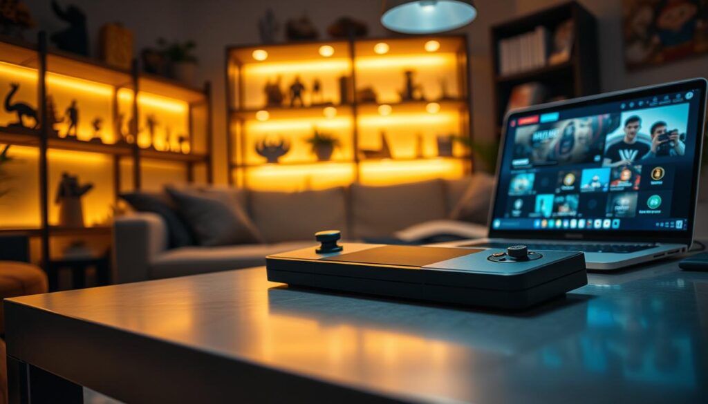 A detailed close-up of a Steam Deck gaming device sitting on a stylish, modern tabletop. The Steam Deck is prominently featured in the foreground, showcasing its sleek design and vibrant display. In the background, a soft focus of a cozy gaming room filled with ambient lighting, highlighting shelves lined with game figurines and limited edition gaming memorabilia. On one side, a laptop displaying the Chiaki client interface is visible, hinting at game streaming. The scene is warmly lit, creating an inviting atmosphere, and captured from a slightly elevated angle, emphasizing the gaming setup. The overall mood is one of excitement and innovation, inviting viewers into the world of gaming technology. A detailed close-up of a Steam Deck gaming device sitting on a stylish, modern tabletop. The Steam Deck is prominently featured in the foreground, showcasing its sleek design and vibrant display. In the background, a soft focus of a cozy gaming room filled with ambient lighting, highlighting shelves lined with game figurines and limited edition gaming memorabilia. On one side, a laptop displaying the Chiaki client interface is visible, hinting at game streaming. The scene is warmly lit, creating an inviting atmosphere, and captured from a slightly elevated angle, emphasizing the gaming setup. The overall mood is one of excitement and innovation, inviting viewers into the world of gaming technology.