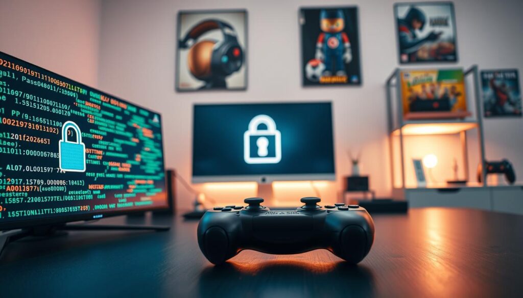 A dynamic and engaging image illustrating the concept of a "strong password for PlayStation" is set in a sleek, modern gaming environment. In the foreground, a computer screen displays a digital padlock symbol, surrounded by complex, colorful strings of code and binary numbers. In the middle, a PlayStation controller lies neatly on a stylish desk, with a vibrant gaming setup of LED lights illuminating the scene, creating a tech-savvy atmosphere. The background features posters of popular video games and a minimalistic shelf with gaming accessories, emphasizing the passion for gaming. Soft, focused lighting highlights the key elements, producing a sense of security and excitement. The overall mood is inspiring and professional, aimed at motivating gamers to create unique, robust passwords.