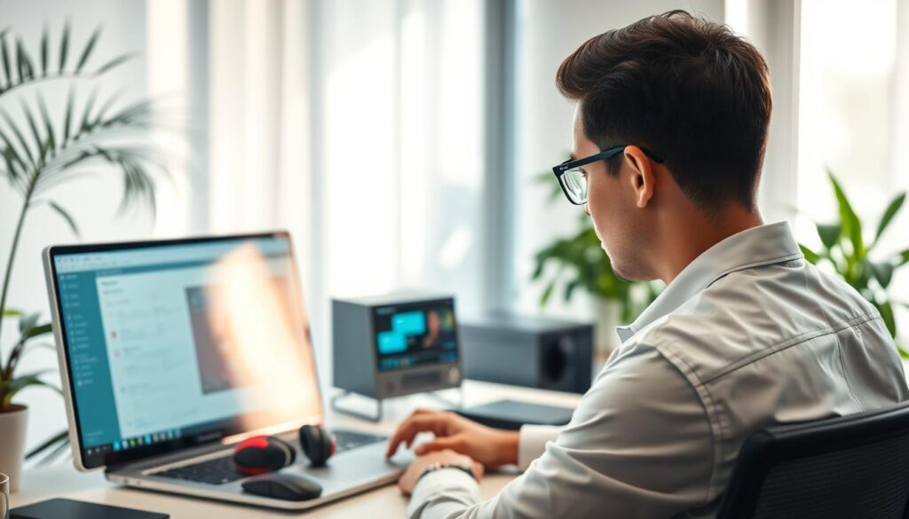 A modern workspace showcasing the concept of monitoring gaming account information. In the foreground, a person in smart casual attire, focused on a laptop screen displaying a clear interface with various account information and security settings. The middle ground features a neatly organized desk with gaming memorabilia and tech gadgets like headphones and a gaming mouse. In the background, a large window letting in soft, diffused natural light, adding a serene atmosphere. The scene is complemented by some indoor plants, reinforcing a sense of security and vigilance. The mood is one of alertness and professionalism, with a focus on maintaining account safety in the digital age.