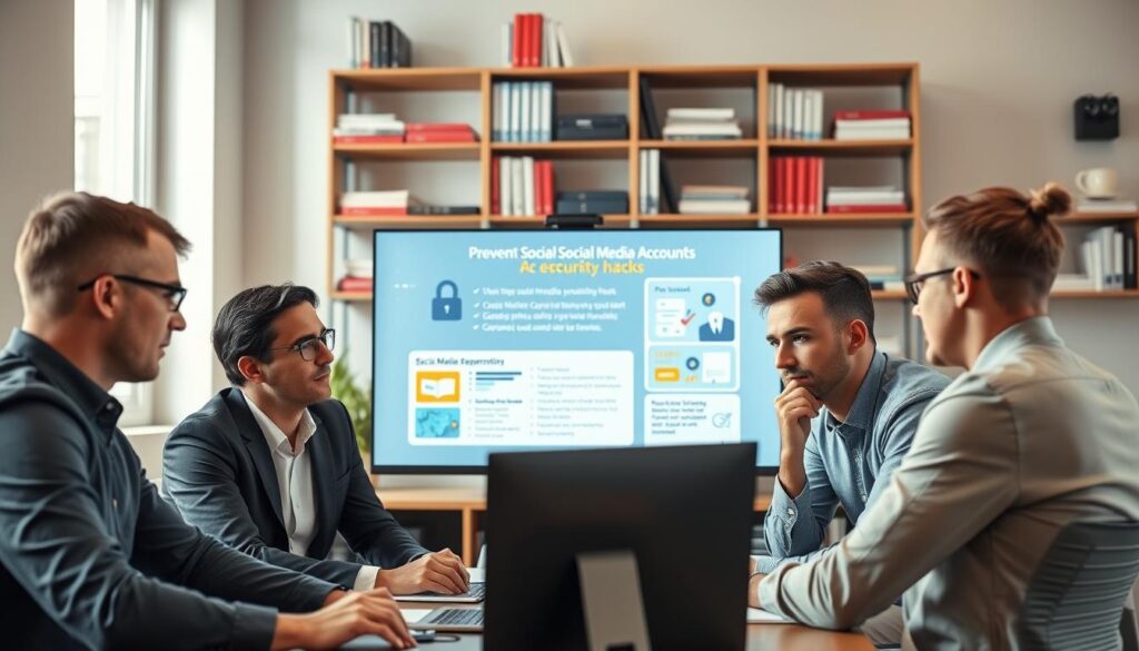 A professional office setting with a diverse group of three individuals, two men and one woman, engaged in a focused discussion around a computer screen displaying cybersecurity alerts. The foreground features the team members, dressed in smart casual attire, intently analyzing data and sharing ideas on preventing social media account hacks. In the middle ground, a large digital screen displays graphics and information about social media security measures. The background contains shelves filled with books on cybersecurity and modern tech devices, creating a knowledgeable atmosphere. Soft, natural lighting from a nearby window casts a warm glow, enhancing the sense of collaboration and urgency. The mood is serious yet reassuring, emphasizing proactive steps to secure online identities. A professional office setting with a diverse group of three individuals, two men and one woman, engaged in a focused discussion around a computer screen displaying cybersecurity alerts. The foreground features the team members, dressed in smart casual attire, intently analyzing data and sharing ideas on preventing social media account hacks. In the middle ground, a large digital screen displays graphics and information about social media security measures. The background contains shelves filled with books on cybersecurity and modern tech devices, creating a knowledgeable atmosphere. Soft, natural lighting from a nearby window casts a warm glow, enhancing the sense of collaboration and urgency. The mood is serious yet reassuring, emphasizing proactive steps to secure online identities.