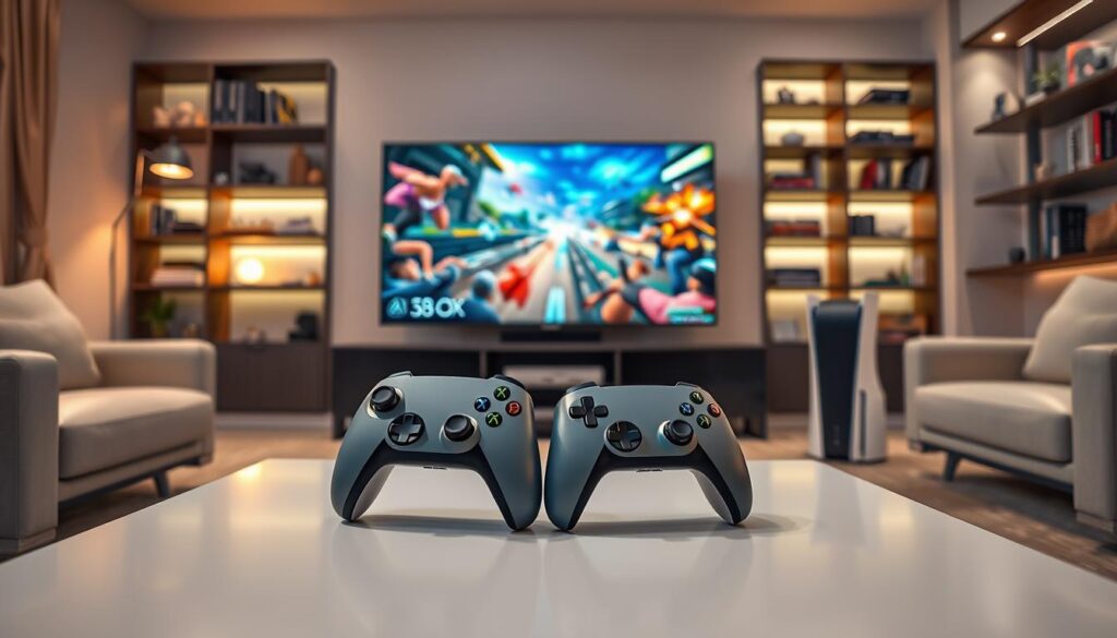 A vibrant depiction of a gaming ecosystem, showcasing both Xbox Series X and PS5 consoles in a sleek, modern living room setting. In the foreground, a stylish coffee table holds dual controllers, their designs symbolizing exclusivity and unique gaming experiences. The middle ground features a large, high-definition television displaying an exciting gameplay scene, filled with vivid colors and dynamic characters. In the background, shelves filled with game titles and merchandise reflect the rich diversity of each ecosystem. Soft, ambient lighting creates a cozy, inviting atmosphere, emphasizing the thrill of gaming together. The perspective is slightly tilted, giving an engaging angle that captures the essence of a shared gaming experience, while maintaining a professional tone throughout. A vibrant depiction of a gaming ecosystem, showcasing both Xbox Series X and PS5 consoles in a sleek, modern living room setting. In the foreground, a stylish coffee table holds dual controllers, their designs symbolizing exclusivity and unique gaming experiences. The middle ground features a large, high-definition television displaying an exciting gameplay scene, filled with vivid colors and dynamic characters. In the background, shelves filled with game titles and merchandise reflect the rich diversity of each ecosystem. Soft, ambient lighting creates a cozy, inviting atmosphere, emphasizing the thrill of gaming together. The perspective is slightly tilted, giving an engaging angle that captures the essence of a shared gaming experience, while maintaining a professional tone throughout.