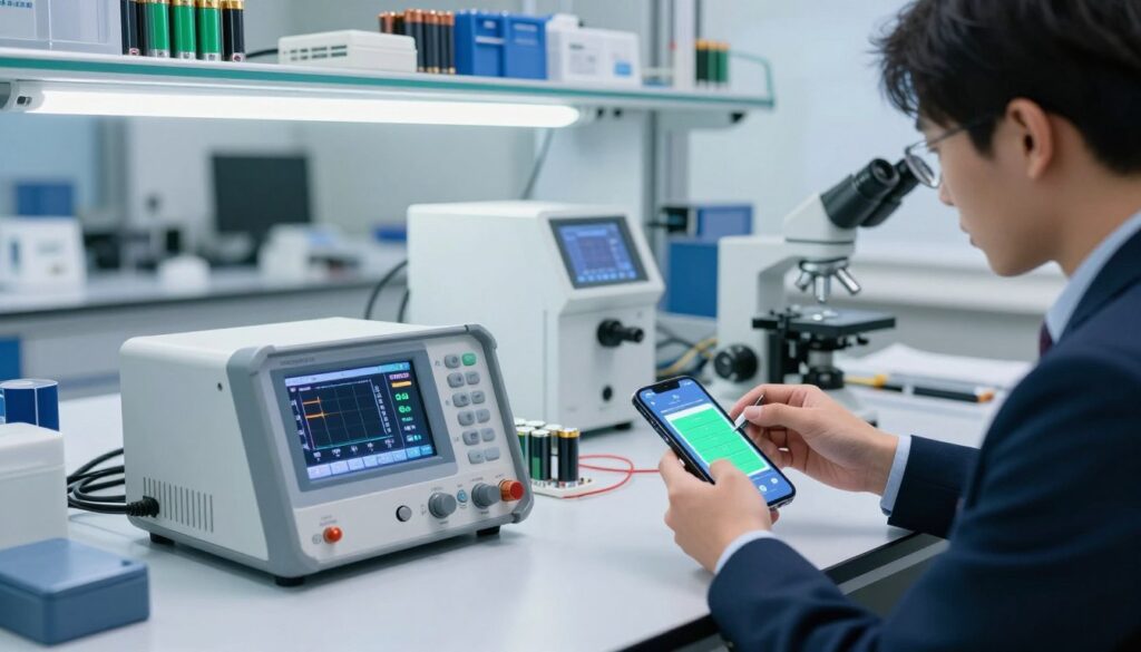 A modern laboratory setting focused on smartphone battery testing. In the foreground, a well-organized workstation features a high-tech battery analyzer with digital displays showing battery performance metrics. A technician, dressed in professional business attire, examines a smartphone battery carefully, using specialized tools. In the middle ground, various lab equipment including charging stations and safety gear create a dynamic scene, while a microscope offers a hint of detailed scientific analysis. The background is filled with shelves stocked with batteries and research materials, softly illuminated by bright, cool white LED lights. The atmosphere conveys precision, innovation, and a commitment to quality, with a clear focus on battery longevity and performance testing for smartphone technology.