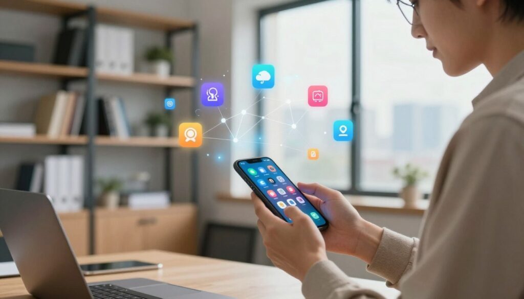 A professional setting showcasing a smartphone user managing applications and connectivity. In the foreground, a man in smart casual attire is focused on his smartphone, with visible app icons illuminated on the screen. In the middle ground, there are digital elements represented as floating app icons and connection symbols, implying connectivity and data management. The background features a modern office environment with shelves of tech-related books and a large window displaying a cityscape. Soft, natural lighting bathes the scene, creating a warm and productive atmosphere. The angle captures both the user's concentration and the vibrant digital ecosystem around him, emphasizing the theme of smart app management and connectivity.