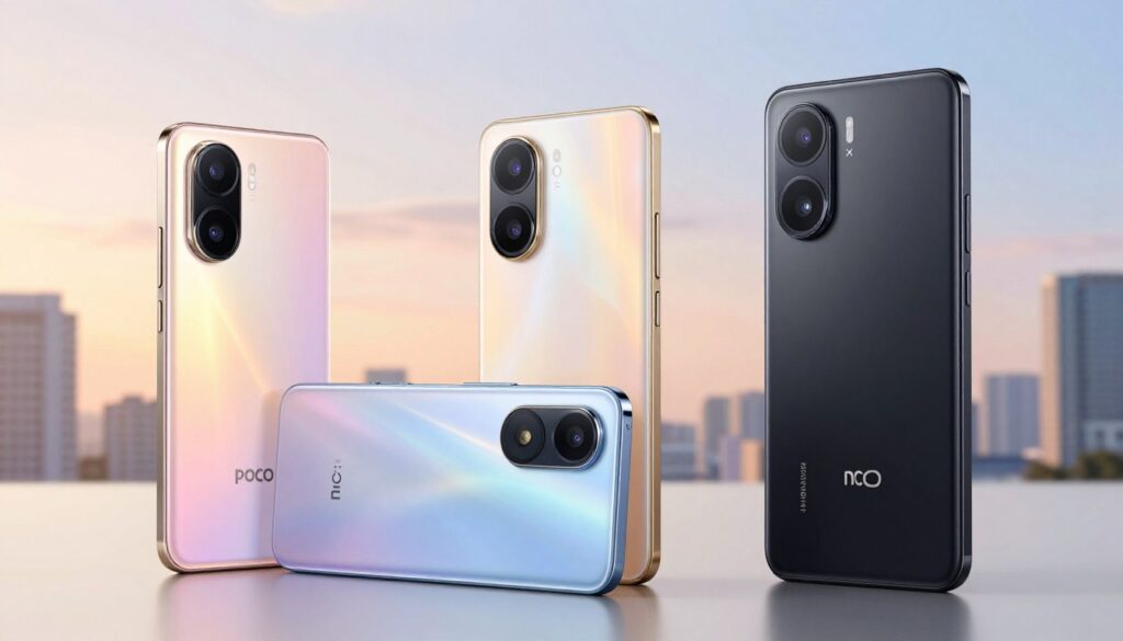 A vibrant composition showcasing three distinct models from the POCO smartphone series: the F series, X series, and M series. In the foreground, the F series is highlighted, featuring its sleek design and premium materials, with subtle reflections of light to suggest a luxurious feel. In the middle ground, the versatile X series displays its balanced aesthetic and innovative features, positioned at an angle to convey dynamism. The M series appears in the background, embodying affordability with a modern touch, surrounded by a soft gradient that symbolizes value and accessibility. The lighting is bright and inviting, creating an energetic atmosphere, while a blurred cityscape in the background adds depth, hinting at the adventurous lifestyle each series caters to. Ensure all smartphones are the focal point without any text or branding.